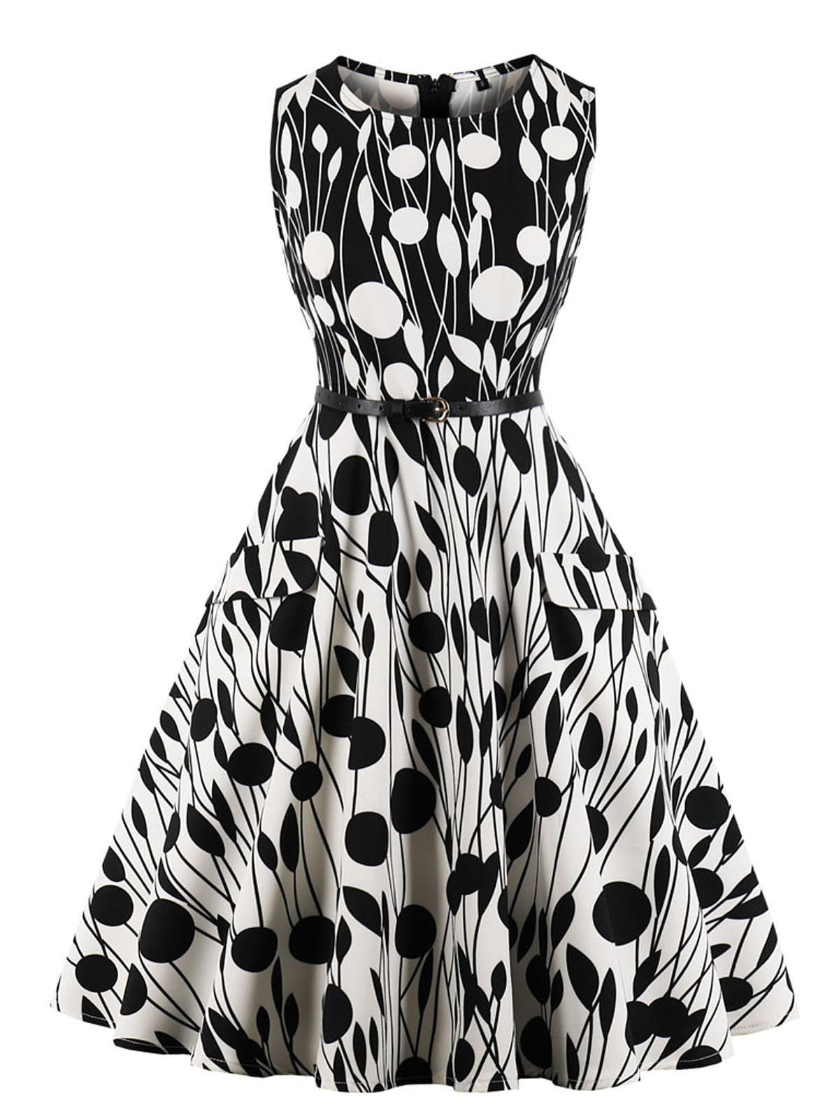 Black White 1950s Belted Pendulum Dress