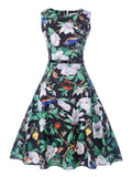 1950s Floral Leaf Bird Swing Dress