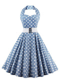 Blue 1950s Polka Dot Halter Belted Dress