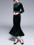 Dark Green Velvet Standing Collar Dress