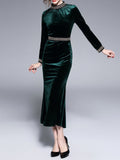 Dark Green Velvet Standing Collar Dress