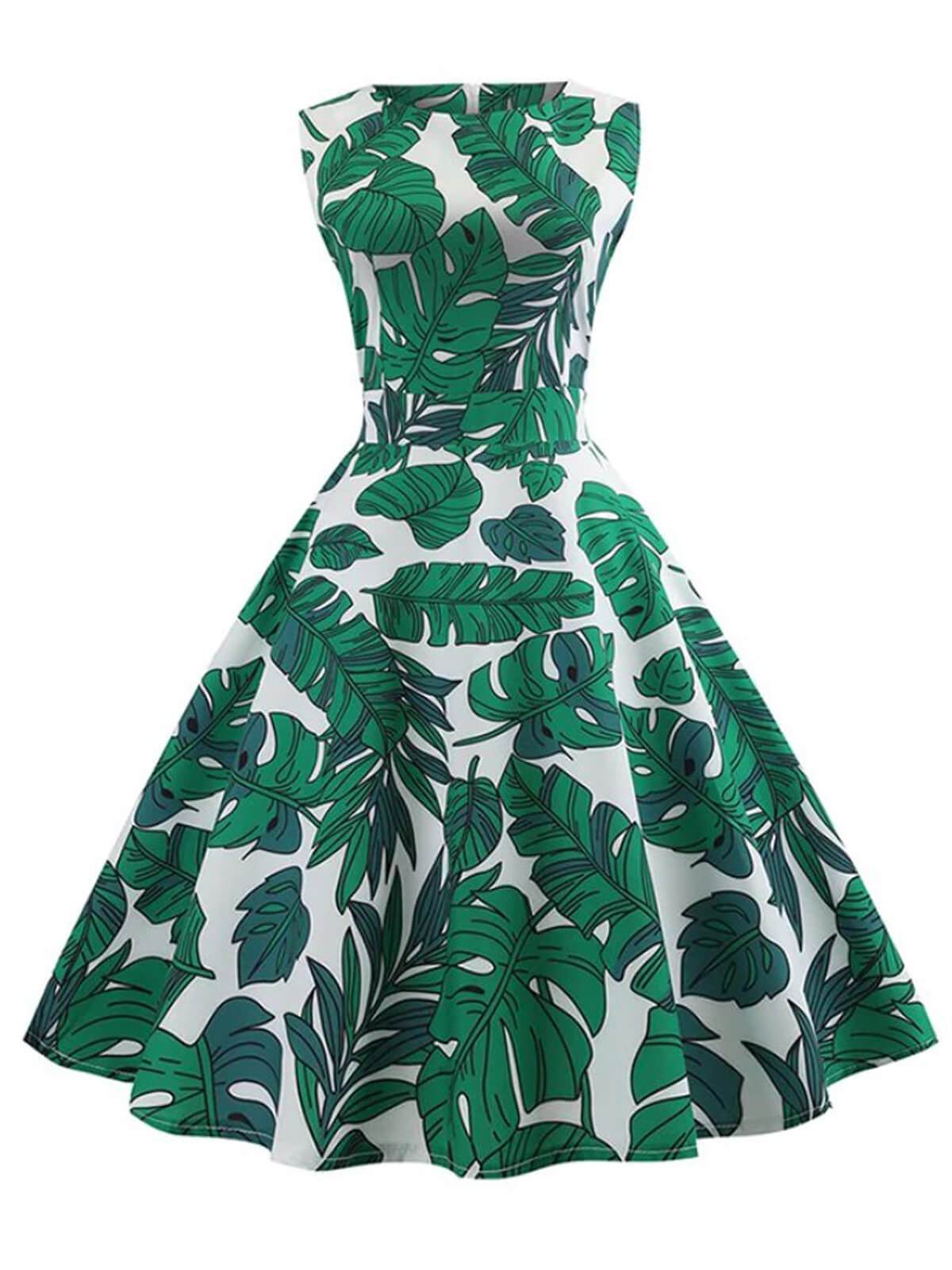 1950S Leaf O Neck Swing Dress