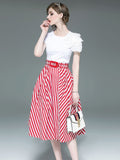 2PCS 1950s White Tops And Striped Skirt Set
