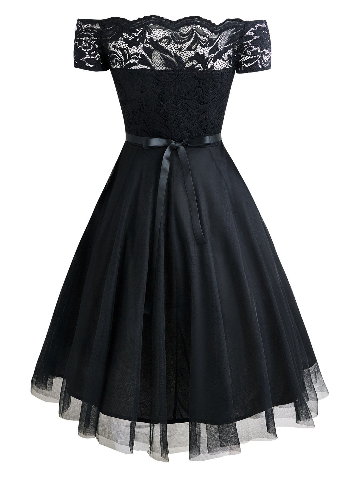 Black 1950s Belted Off Shoulder Lace Dress