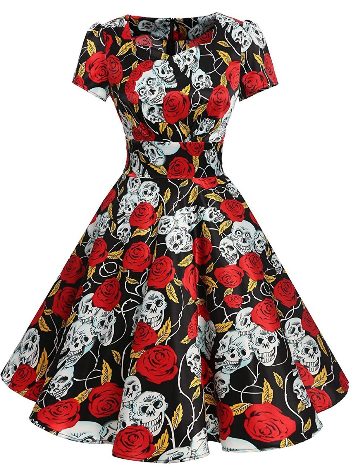 Black 1950s Halloween Rose Skull Dress