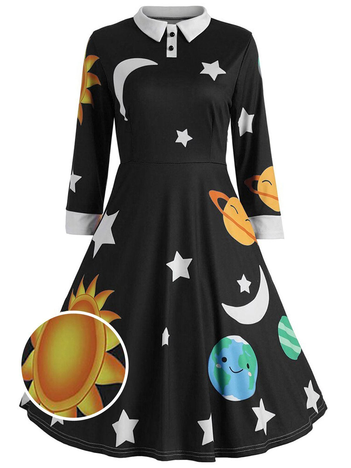 Black 1950s 3/4 Sleeve Planet Swing Dress
