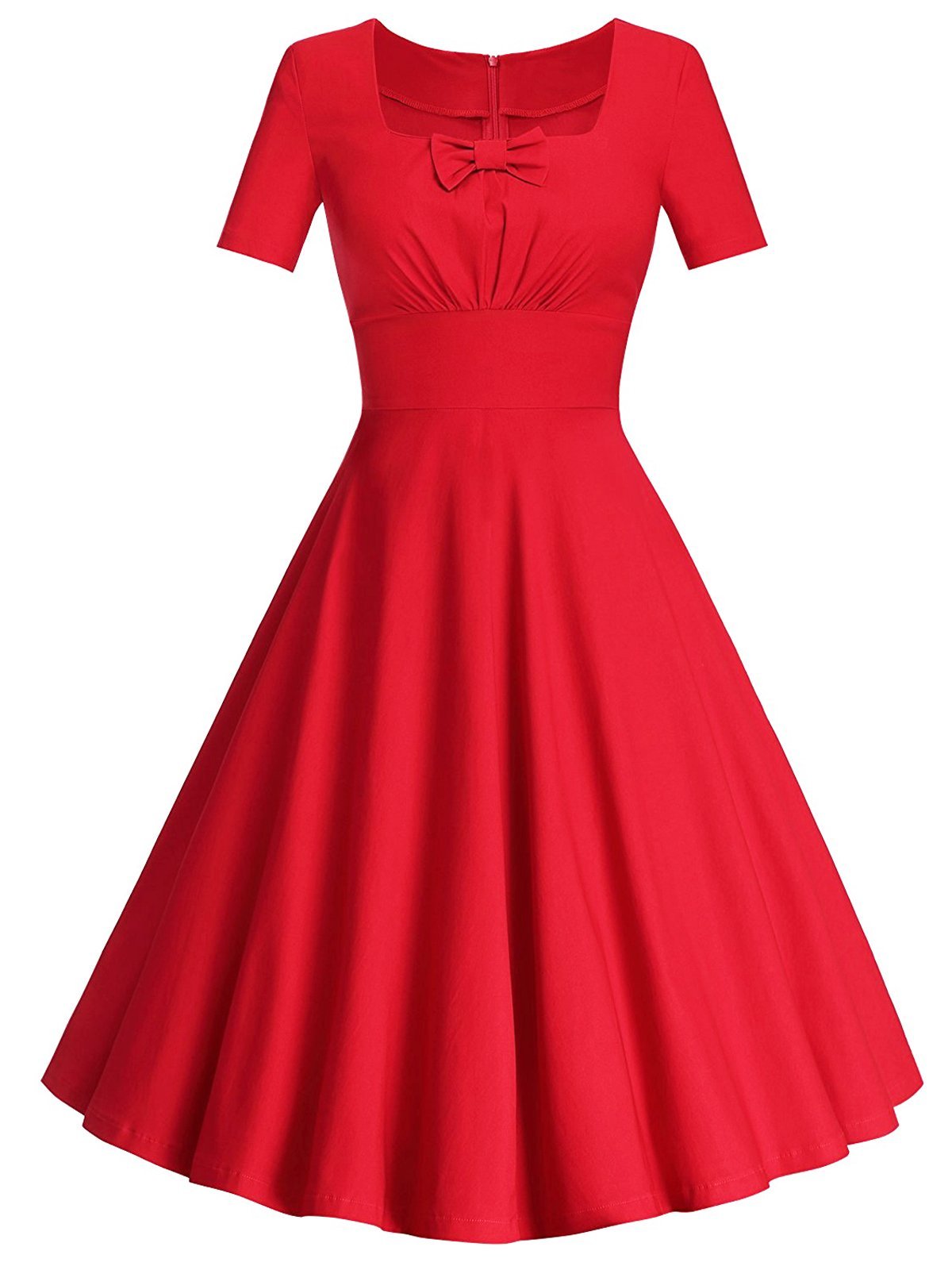 Red 1950s Solid Bow Decor Swing Dress