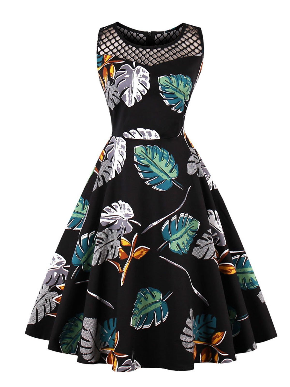 Black 1950s Leaves Print Sleeveless Dress
