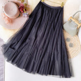 Women Lace Bead Pleated Sweet A-Line Elastic High Waist Skirts Streetwear