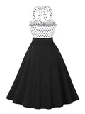 Two Tone Polka Dot Print High Waist 40s 50s Retro Dresses for Women Halter Neck Buttons Belted Vintage Swing Dress