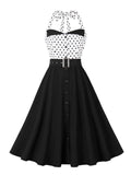 Two Tone Polka Dot Print High Waist 40s 50s Retro Dresses for Women Halter Neck Buttons Belted Vintage Swing Dress