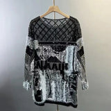 Luxury Rhinestone Sweater Sequins Fringed Knit Hollow Beaded Faux Fur Tops Loose Casual Lazy Style O Neck Blouse