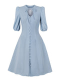 Light Blue Vintage Slim A Line Women Tie Neck Keyhole Single-Breasted 3/4 Length Sleeve Dress