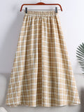 Summer Women Elastic High Waist Elegant Vintage Plaid Check Skirt Front Buttons Casual A Line Midi Skirt