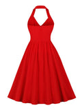 Halter Neck High Waist Red Vintage Style Summer Pleated Beach Women Party Elegant Backless Sexy Dress