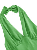 V-Neck Sexy Halter Vintage Style Summer Vacation Green Solid Elegant Party Pinup Ladies Swing Dresses