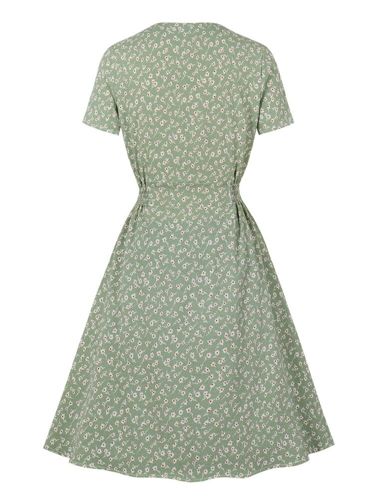 Short Sleeve V-Neck Single-Breasted Floral Robe A Line Summer Women Vintage Style Knee Length Dress in Green