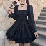 Long Sleeves Lolita Black Goth Aesthetic Puff Sleeve High Waist Vintage Bandage Lace Trim Party Gothic Dress