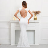 Sexy V Neck Backless White Sequin Evening Dress New Women Beading Party Maxi Long Prom Dress