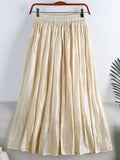 Fashion Shiny Crease Effect Vintage Elegant Women Elastic High Waist A Line Midi Skirt