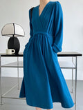 Elegant V-Neck A-Line Long Women Casual Solid Lace-up Dress High Waist Vestidos