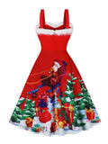 Fur Trim High Waist Lace-Up Corset Dress Red Fit and Flare Winter Christmas Tree Print Women Party Vintage Swing Dresses