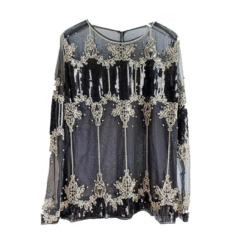 Sequin Rivet Tops Long Sleeve Women See-through Sexy O-Neck Blusas Shirt Floral Beading Lady Blouses