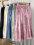 Fashion Shiny Crease Effect Vintage Elegant Women Elastic High Waist A Line Midi Skirt