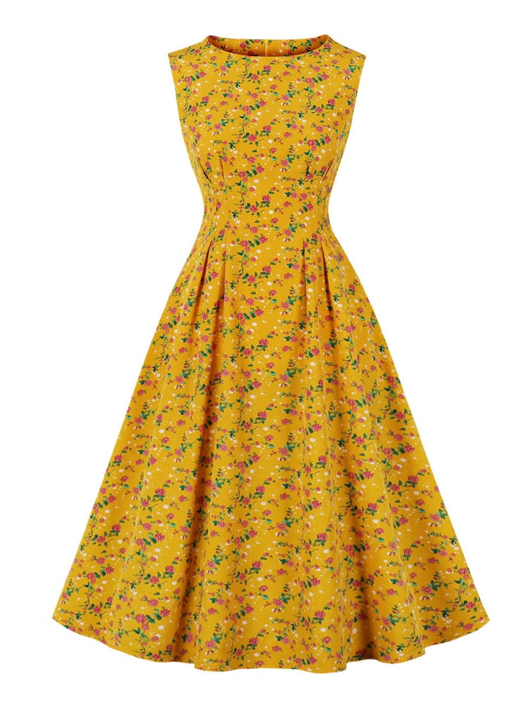 O-Neck High Waist Floral Print Vintage Tunics Corset Elegant Summer Holiday Beach Midi Dress