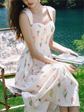 New Women Summer Elegant Spaghetti Strap Print Midi Dress One Piece Lady Prom Vestidos