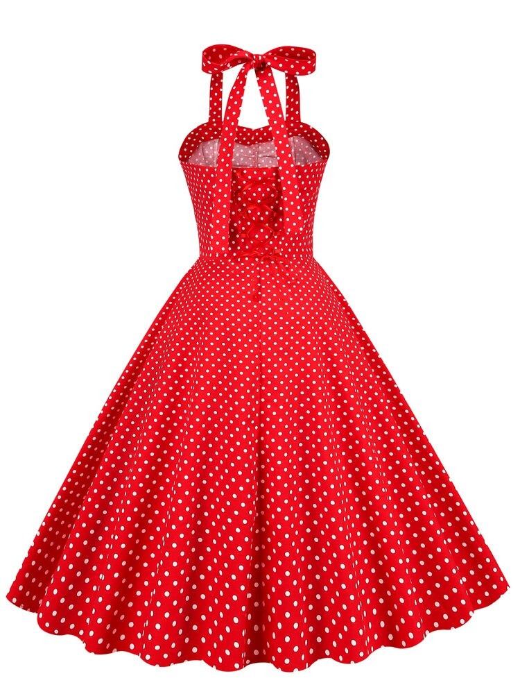 Halter Neck Button 50s Pinup Polka Dot Lace-Up Back Corset Vintage Party Women Backless Cotton Elegant Red Dress