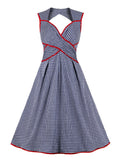 Houndstooth Vintage Cotton Summer Women Criss-Cross High Waist Backless Elegant Ladies Dresses