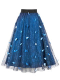 Floral Mesh Overlay Vintage Skirt with 3D Butterfly Women Elastic Waist Elegant Going Out Female Long Skirts