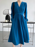 Elegant V-Neck A-Line Long Women Casual Solid Lace-up Dress High Waist Vestidos