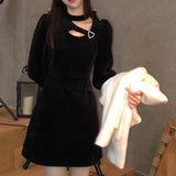 Spring Sexy Black Gothic Elegant Party Velvet Mini Casual Long Sleeve Korean Lolita Dress