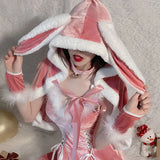 Pink Women Christmas Nightdress Sexy Lingerie Set Santa V-neck Dress Party Plush Erotic Costumes Cosplay Bunny Girl Cute Cloak