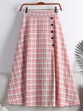 Summer Women Elastic High Waist Elegant Vintage Plaid Check Skirt Front Buttons Casual A Line Midi Skirt