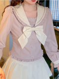 Summer Lolita Sweet Blouse Women Bowknot Collar Lapel Ruffle Flounce Japanese Style Lantern Sleeves Kawaii Top