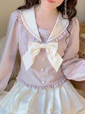 Summer Lolita Sweet Blouse Women Bowknot Collar Lapel Ruffle Flounce Japanese Style Lantern Sleeves Kawaii Top