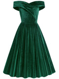 New Arrivals Winter Green Off Shoulder Women Vintage Office Midi Dress Velvet Short Sleeve Sundress Club Evening Party Dresses