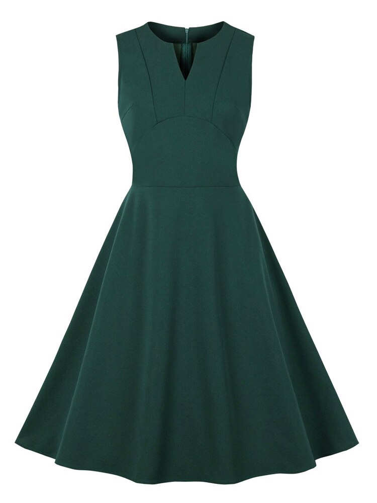 Notch Neck High Waist Vintage Style Sleeveless Plain Green Solid Summer Swing Dress