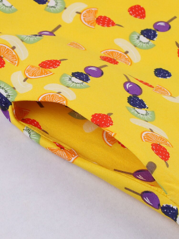 O-Neck Sleeveless Plaid and Fruit Print Women Pinup 50s Vintage Cotton Pockets A-Line Retro Dress