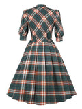 Bow Tie Neck Lantern Sleeve 50s Robes Women Plaid Vintage Rockabilly Swing Midi Dresses