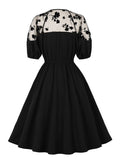 Tie Neck Floral Mesh Elegant Party Women Summer Swing Half Sleeve Elastic Waist Black Vintage Robe Dress