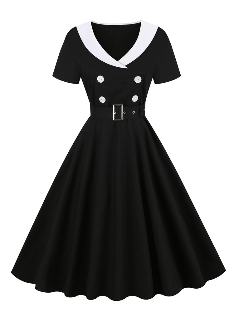 1950s Women Vintage Shawl Collar Double-Breasted Sash Elegant Short Sleeve Cotton Long Dress