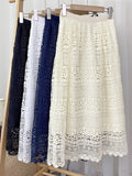 Openwork Lace Woman Solid Vintage Elegant A Line Elastic High Waist Midi Long Skirts