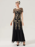 Vintage 1920s Style Evening Party Flapper Dress Women Banquet Cocktail Elegant Luxury Sequin Mesh Overlay Long Dresses