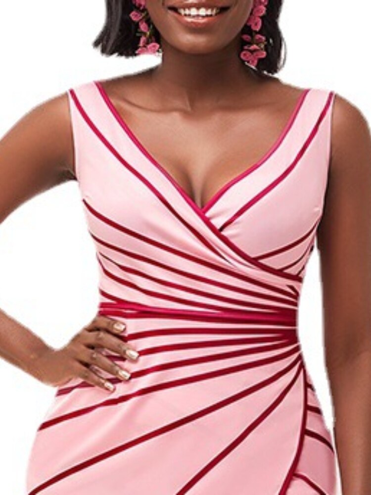 New Sleeveless Striped Slit Lace-up Dress Sexy Slim Ladies Skirt