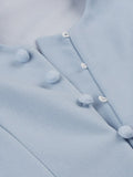 Light Blue Vintage Slim A Line Women Tie Neck Keyhole Single-Breasted 3/4 Length Sleeve Dress