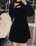 Spring Sexy Black Gothic Elegant Party Velvet Mini Casual Long Sleeve Korean Lolita Dress